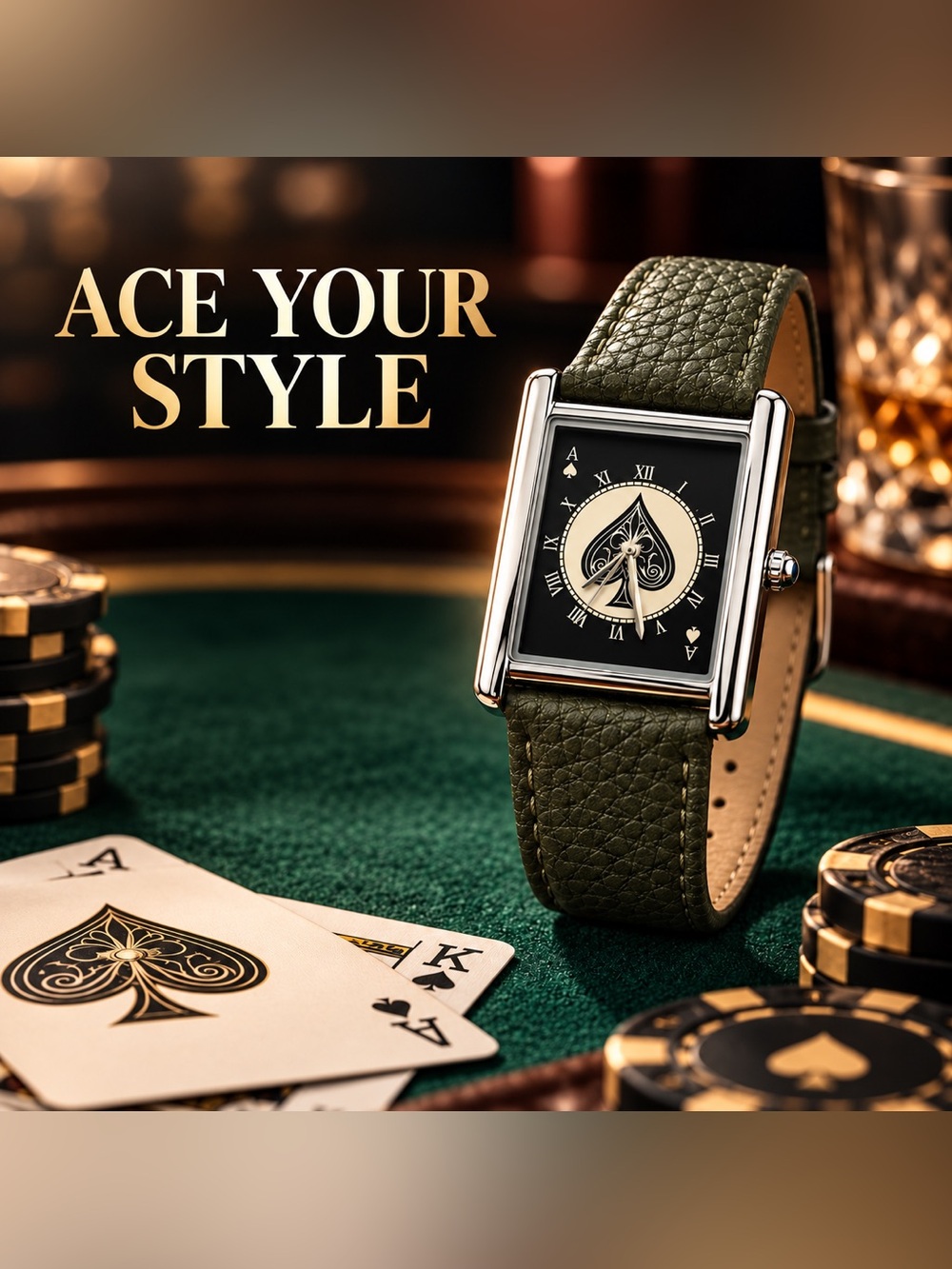 Ace of Spades Tank Style Watch Olive Green Strap Playing Card